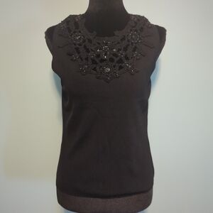 Embellished Crochet Neck Sleeveless Tank Top - Black